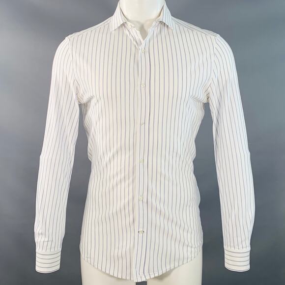 BRUNELLO CUCINELLI S White Blue Pinstripe Cotton Leisure Fit Long Sleeve Shirt